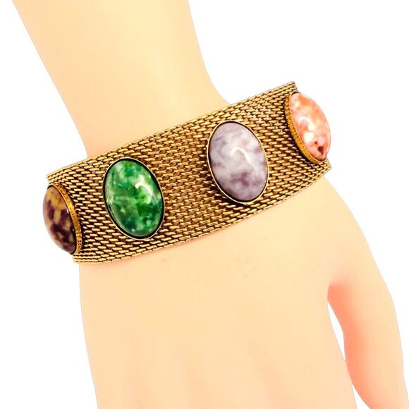 VTG Sarah Coventry Glass Cabochon Mesh Bracelet 8" Gold Tone Wide Multicolor - Picture 3 of 14
